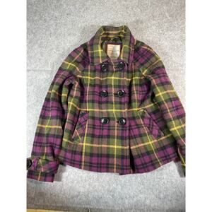 Aeropostale Jacket Womens Large Green Flannel Plaid Pea Coat Double Breasted